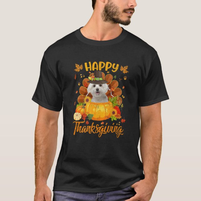 Happy Thanksgiving Maltese Dog Turkey Pumpkin T-Shirt (Front)