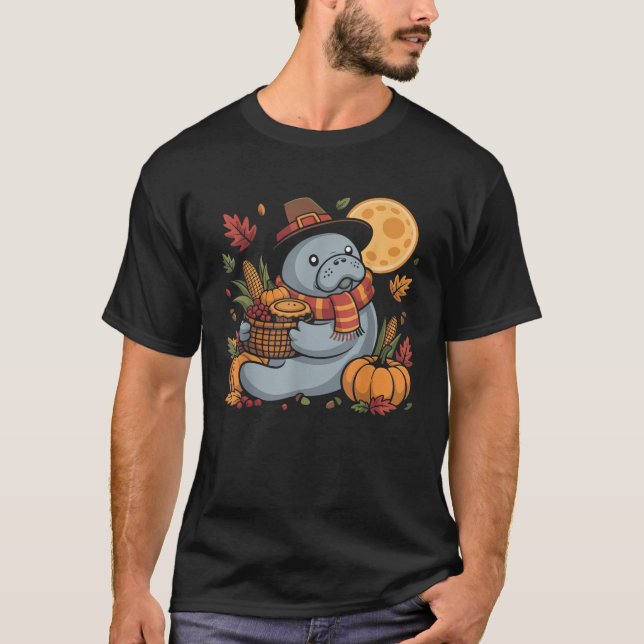 Happy Thanksgiving Manatee with Pumpkin Pie Autumn T-Shirt (Front)