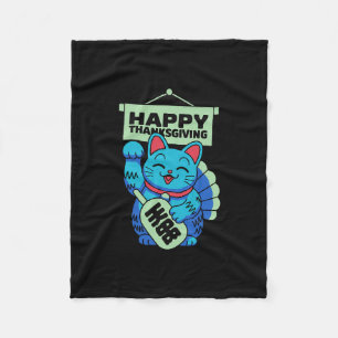 Happy Thanksgiving Maneki Neko Lucky Cat Japanese Fleece Blanket