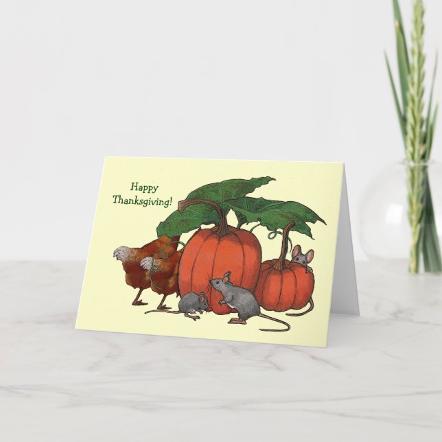 Happy Thanksgiving! Mice, pumpkins, chickens, Art Holiday Card (Front)