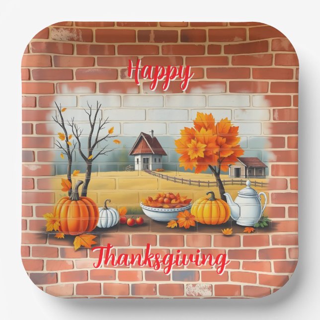 Happy Thanksgiving Modern Beautiful Fall Paper Plates (Front)