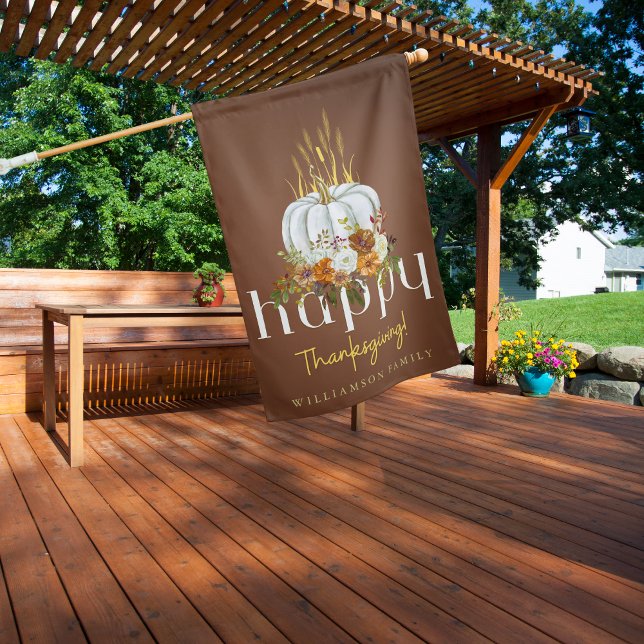 Happy Thanksgiving Modern Brown Pumpkin Name House Flag (Creator Uploaded)