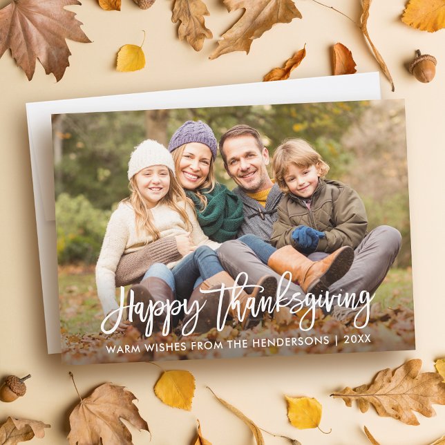 Happy Thanksgiving Modern Brush Script Photo Holiday Card (Customize to add text or more photos to back of card.)