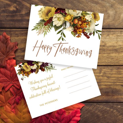 Happy Thanksgiving modern fall floral Thanksgiving Holiday Postcard