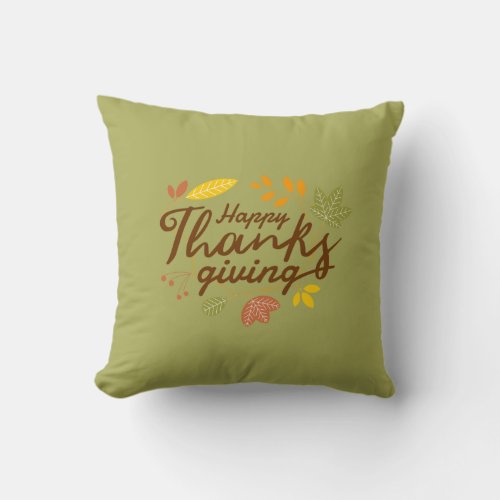 Happy Thanksgiving Modern Fall Leaf Green Decor Throw Pillow