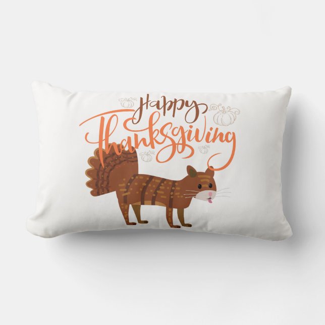 Happy Thanksgiving Modern Fun Cat Turkey Lumbar Pillow (Front)