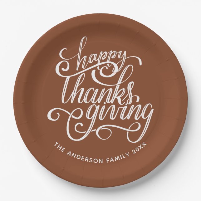 Happy Thanksgiving Modern Script Harvest Brown Paper Plates (Front)