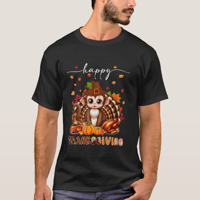 Happy Thanksgiving Monkey Costume Turkey Fall Leav T-Shirt (Front)