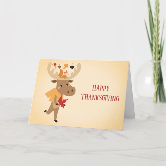 Happy Thanksgiving Moose Squirrel Colorful Card (Front)