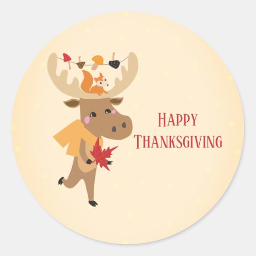 Happy Thanksgiving Moose Squirrel Colorful Classic Round Sticker