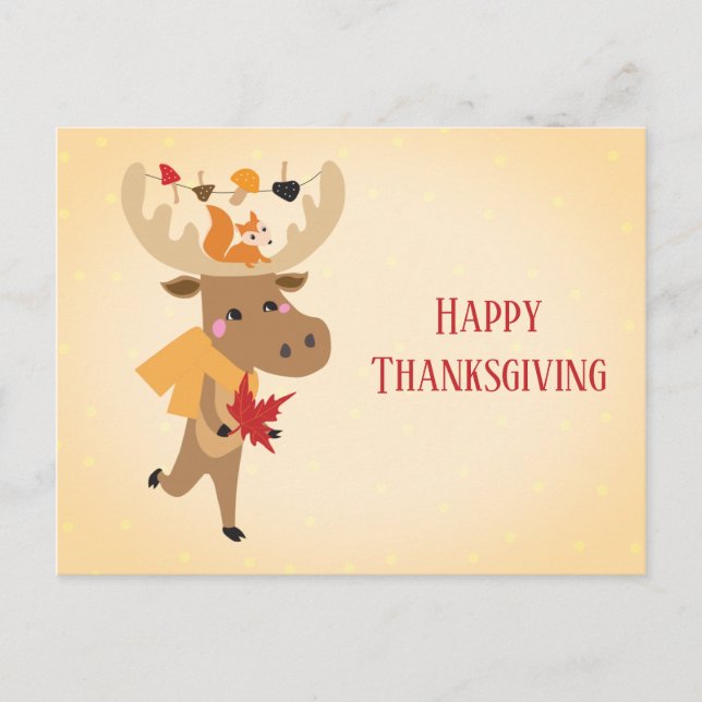 Happy Thanksgiving Moose Squirrel Colorful Postcard (Front)