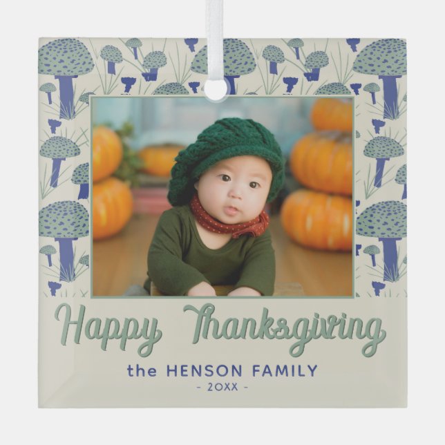Happy Thanksgiving Mushroom Fall Photo Glass Ornament (Front)