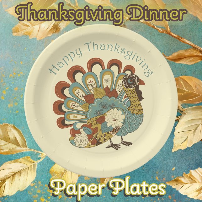 Happy Thanksgiving Muted Color Turkey Paper Plate (Thanksgiving Dinner Paper plates with a cute modern muted fall colored turkey)