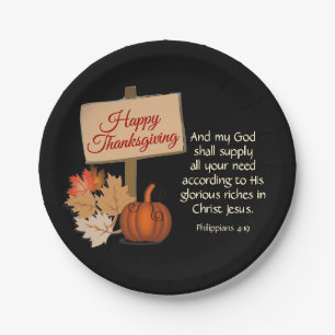 HAPPY THANKSGIVING My God Shall Supply BLACK Paper Plates