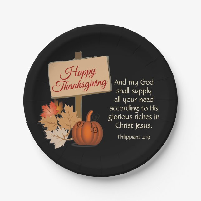 HAPPY THANKSGIVING My God Shall Supply BLACK Paper Plates (Front)