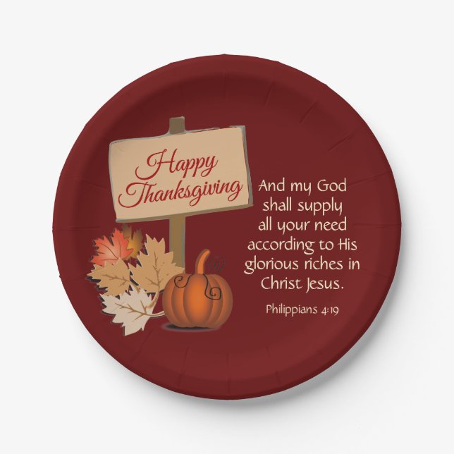 HAPPY THANKSGIVING My God Shall Supply BURGUNDY Paper Plates (Front)
