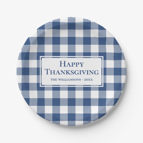 Happy Thanksgiving Name Blue White Gingham Plaid Paper Plates