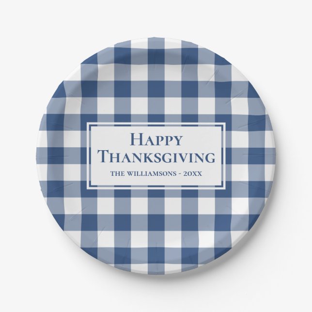 Happy Thanksgiving Name Blue White Gingham Plaid Paper Plates (Front)