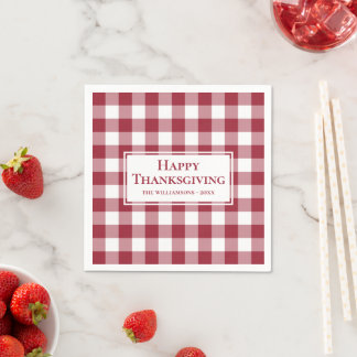 Happy Thanksgiving Name Burgundy Gingham Check Napkins