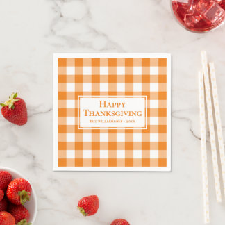 Happy Thanksgiving Name Orange White Gingham Check Napkins