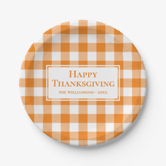 Happy Thanksgiving Name Orange White Gingham Plaid Paper Plates