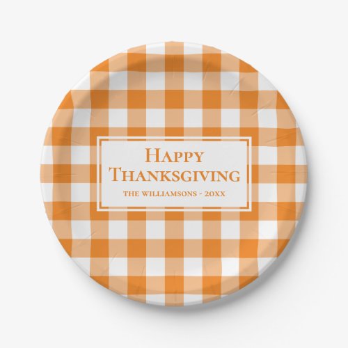Happy Thanksgiving Name Orange White Gingham Plaid Paper Plates
