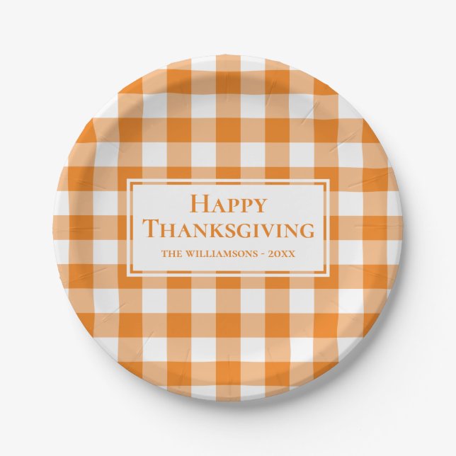Happy Thanksgiving Name Orange White Gingham Plaid Paper Plates (Front)