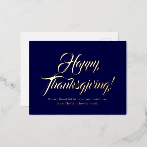 Happy Thanksgiving navy blue custom script elegant Foil Holiday Postcard