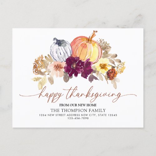 Happy Thanksgiving New Home Floral Pumpkin Moving Announcement Postcard