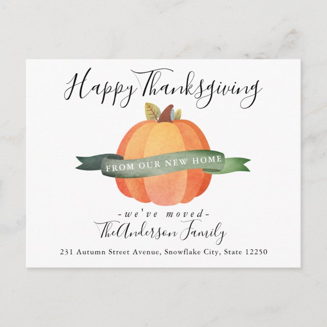 Happy Thanksgiving New Home Pumpkin Holiday Moving Announcement Postcard (Front)
