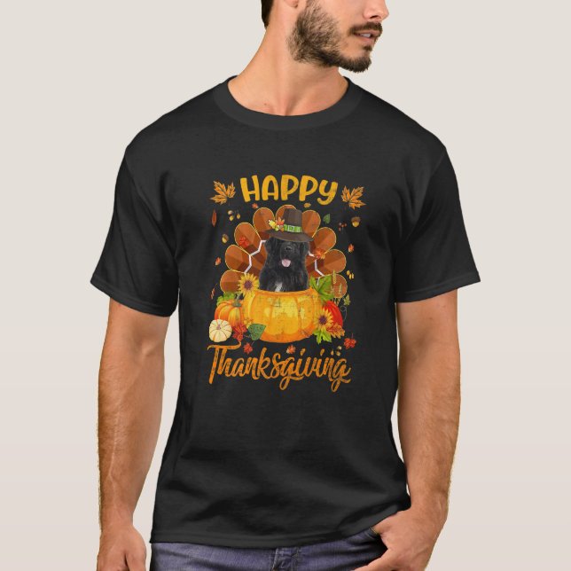 Happy Thanksgiving Newfoundland Dog Turkey Pumpkin T-Shirt (Front)