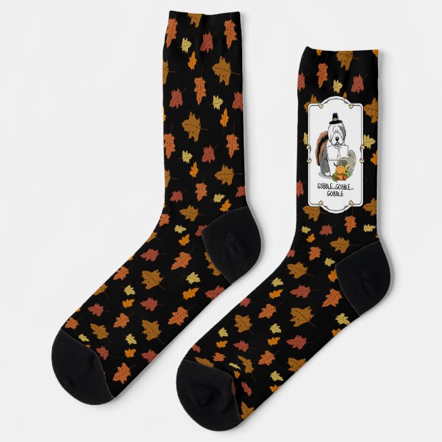 Happy Thanksgiving Old English Sheepdog Gray 1 Fun Socks (Left)