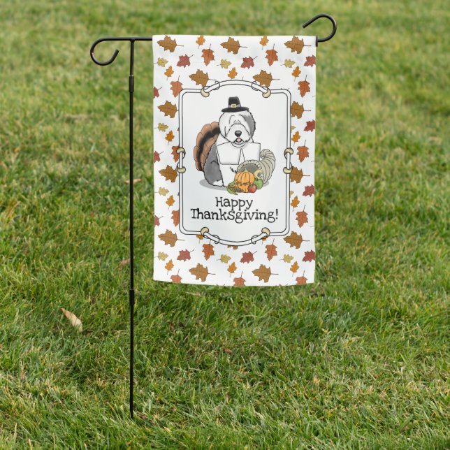 Happy Thanksgiving Old English Sheepdog (Gray 1) Garden Flag (In SItu)