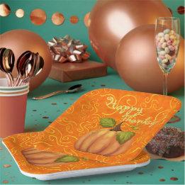 Happy Thanksgiving Orange and Yellow Swirls Square Paper Plates