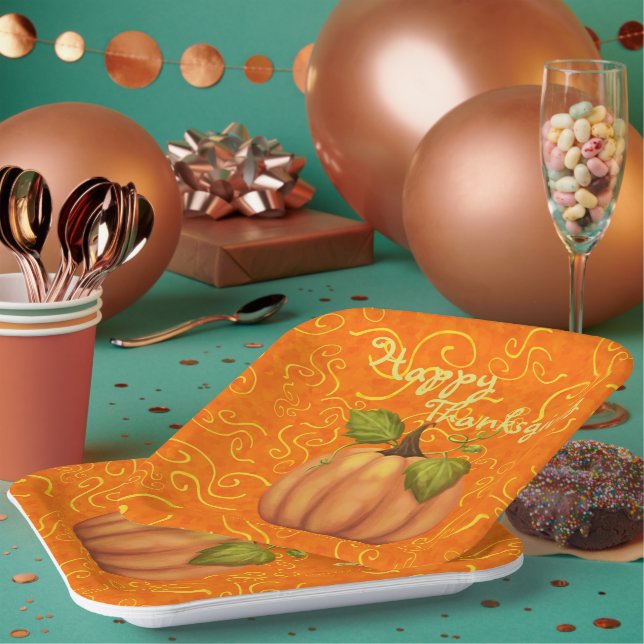 Happy Thanksgiving Orange and Yellow Swirls Square Paper Plates (Multi)