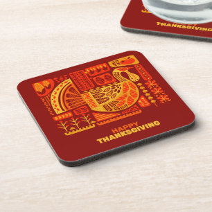 Happy Thanksgiving Orange Brown Hard with Cork Beverage Coaster