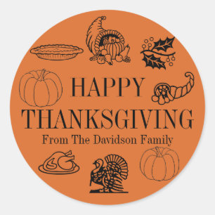 Happy Thanksgiving orange custom name cute favor Classic Round Sticker