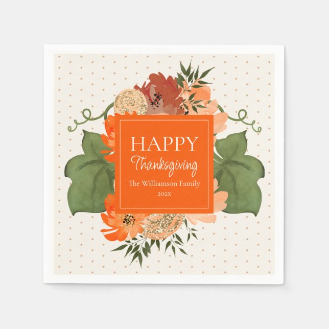 Happy Thanksgiving Orange Floral Custom Napkins (Front)