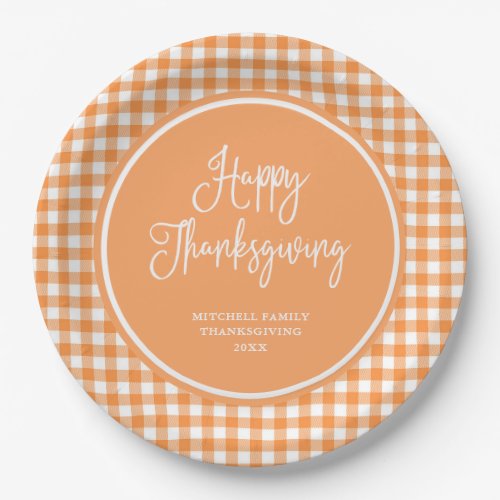 Happy Thanksgiving  Orange Gingham Paper Plates