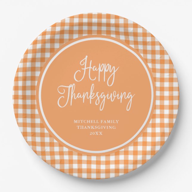 Happy Thanksgiving | Orange Gingham Paper Plates (Front)