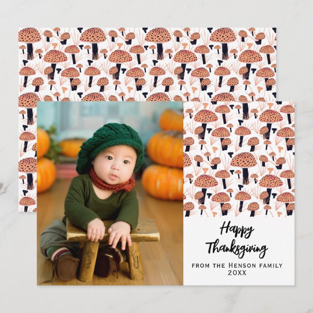 Happy Thanksgiving Orange Mushroom Fall Photo Holiday Card (Front/Back)