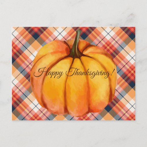 Happy Thanksgiving Orange Pumpkin Plaid Tartan  Postcard