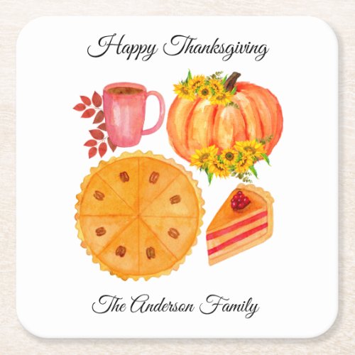 Happy Thanksgiving Orange Pumpkin Spice Latte Square Paper Coaster