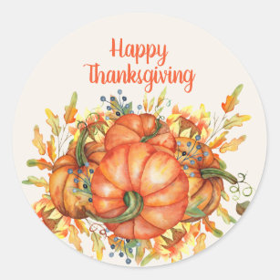 Happy Thanksgiving Orange Pumpkins Fall Leaves Classic Round Sticker