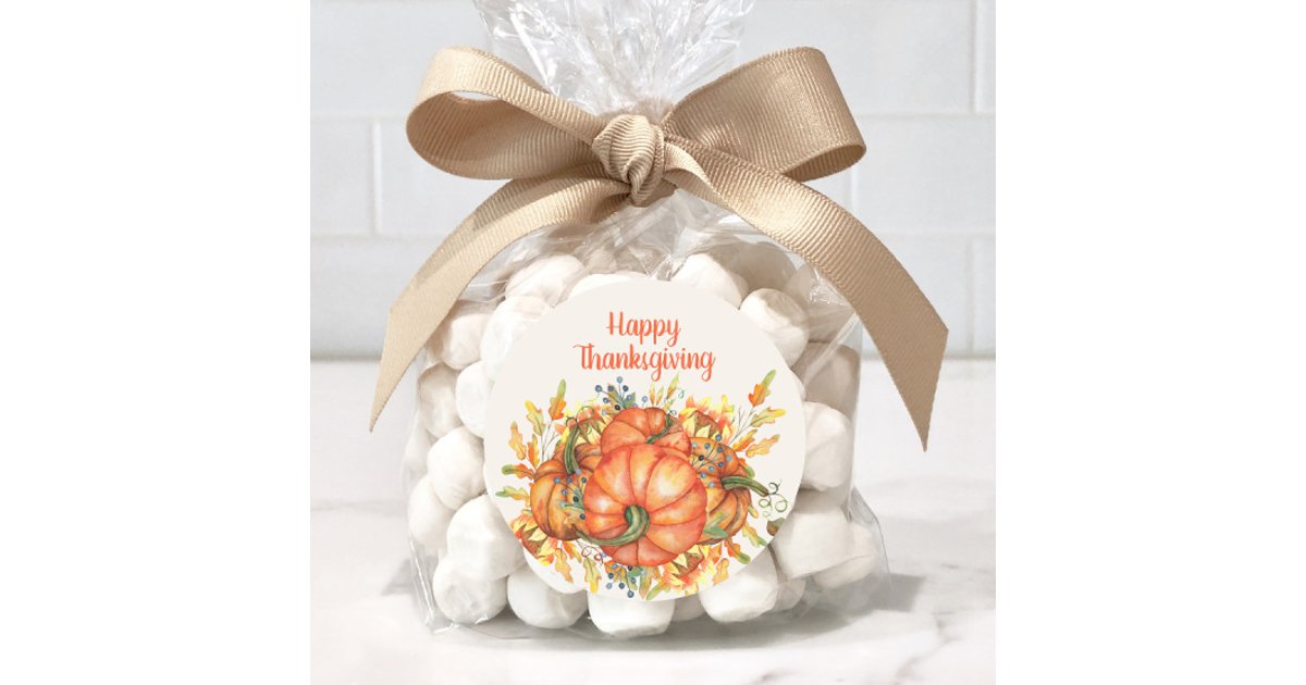 Happy Thanksgiving Orange Pumpkins Fall Leaves Classic Round Sticker ...