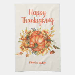 Happy Thanksgiving Orange Pumpkins Fall Leaves Kitchen Towel
