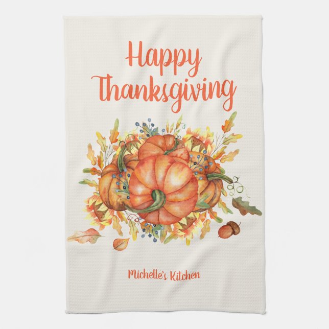 Happy Thanksgiving Orange Pumpkins Fall Leaves  Kitchen Towel (Vertical)