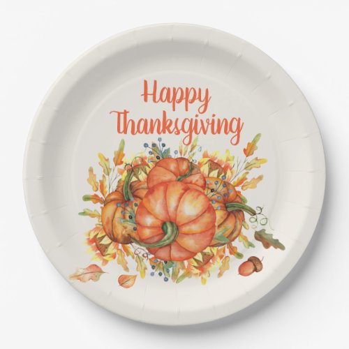 Happy Thanksgiving Orange Pumpkins Fall Leaves Paper Plates