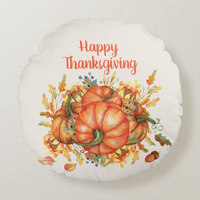 Happy Thanksgiving Orange Pumpkins Fall Leaves  Round Pillow (Front)