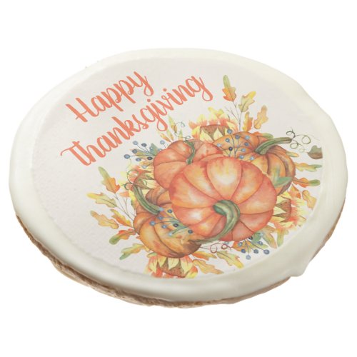 Happy Thanksgiving Orange Pumpkins Fall Leaves  Sugar Cookie